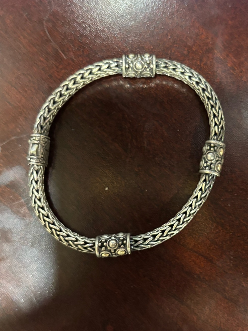 John Hardy Silver and Gold Braided Station Bracelet with Decorative Beads - Picture 3 of 10